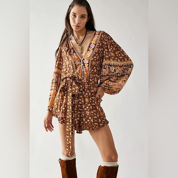 NWT Spell Madame Peacock Floral Brown and Pink Jumpsuit - Coffee